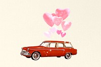 Valentine's celebration car, floating heart balloons collage art