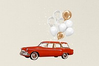 Floating car with balloons, celebration graphic