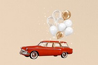 Floating car with balloons, celebration graphic