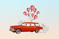 Floating car with balloons, celebration graphic