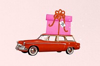 Car carrying gift box, celebration graphic