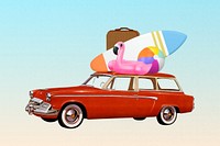 Summer vacation, car carrying surf board collage