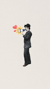 Valentine's celebration iPhone wallpaper, man holding megaphone collage. Remixed by rawpixel.