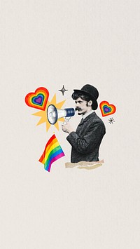 LGBTQ pride flag iPhone wallpaper, man holding megaphone collage. Remixed by rawpixel.