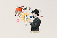 Man holding megaphone, shopping announcement. Remixed by rawpixel.