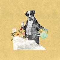 Dog watering flower, vintage. Remixed by rawpixel.
