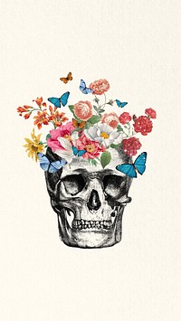 Floral skull aesthetic  phone wallpaper, mental health collage. Remixed by rawpixel.