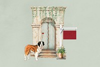 Vintage cafe entrance, dog. Remixed by rawpixel.