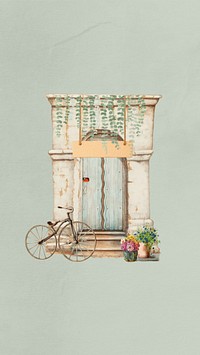 Vintage door iPhone wallpaper, bicycle collage. Remixed by rawpixel.