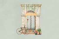 Vintage cafe entrance, bicycle. Remixed by rawpixel.