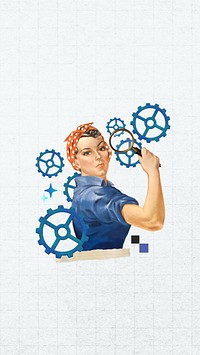 Business cogwheel woman phone wallpaper, vintage illustration. Remixed by rawpixel.