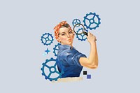 Woman holding magnifying glass, cogwheel business. Remixed by rawpixel.