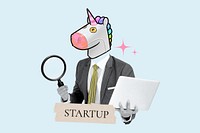 Startup word, unicorn head businessman remix