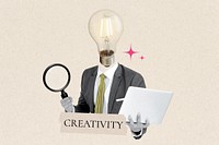 Creativity word, bulb head businessman remix