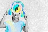 Woman listening to music, creative remix