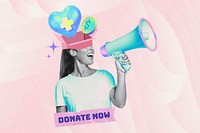 Donate now word, woman with megaphone collage remix