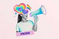 Gay pride support, woman with megaphone collage remix