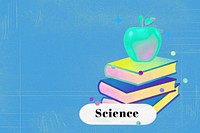 Science blue background, stack of books with apple collage remix