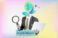 Growth mindset word, money-head businessman collage remix