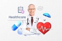 Healthcare word, smiling doctor, healthcare remix