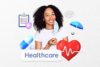 Healthcare word, smiling woman, healthcare remix