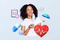 Health insurance, smiling woman, healthcare remix