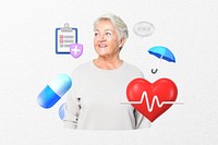 Health insurance, smiling woman, healthcare 3D remix