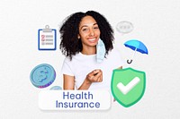 Health insurance word, smiling woman remix