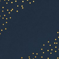 Festive dark blue background, gold confetti border