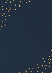 Festive navy blue background, gold confetti border