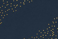 Festive navy blue background, gold confetti border