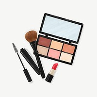 Makeup set, eyeshadow palette, mascara, brush illustration psd