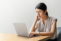 Japanese woman working from home image with copy space