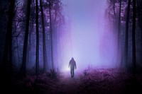 Man in forest, purple background design
