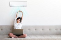 Woman with air conditioner image with copy space