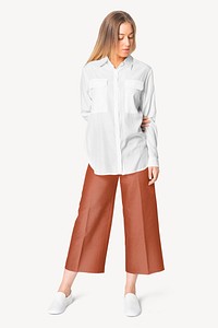Woman in casual apparel, white blouse & brown pants design