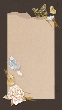 Ripped paper frame iPhone wallpaper, floral butterfly background