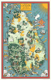 Pictorial map of Sri Lanka showing flora, fauna, and tea and other plantations (1933) by MacDonald Gill.