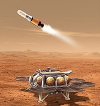 April 21, 2022This illustration shows a concept for a proposed NASA Mars lander-and-rocket combination that would play a key role in returning to Earth samples of Mars material collected by the Perseverance rover. This Sample Retrieval Lander would carry a small rocket (about 10 feet, or 3 meters, tall) called the Mars Ascent Vehicle to the Martian surface. After using a robotic arm to load the rover’s sealed sample tubes into a container in the nose cone of the rocket, the lander would launch the Mars Ascent Vehicle into orbit around the Red Planet.The lander and rocket are part of the multimission Mars Sample Return program being planned by NASA and ESA (European Space Agency). The program would use multiple robotic vehicles to pick up and ferry sealed tubes containing Mars samples already collected by NASA's Perseverance rover, for transport to laboratories on Earth.