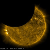 On Oct. 7, 2010, NASA's Solar Dynamics Observatory, or SDO, observed its first lunar transit when the new moon passed directly between the spacecraft (in its geosynchronous orbit) and the sun. With SDO watching the sun in a wavelength of extreme ultraviolet light, the dark moon created a partial eclipse of the sun.