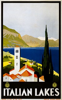 Italian Lakes. Travel poster shows unidentified lake and mountains, with the bell tower of a church in the foreground. Printed by Grafiche Modiano.