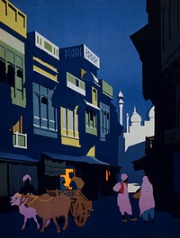 A street by moonlight. Visit India. Apply: India State Railways Bureau. 38 East 57th Street, New York. Travel Poster shows a moonlit street scene with ox cart by Henry George Gawthorn.