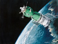An artist's concept depicting the Soviet ASTP Soyuz spacecraft in Earth orbit. The three major components of the Soyuz are the spherical-shaped Orbital Module on which the letters CCCP (USSR) are printed, the bell-shaped Descent Vehicle in the center, and the cylindrical-shaped Instrument Assembly Module from which two solar panels protrude. The docking system on the Orbital Module was specially designed to interface with the docking system on the Apollo's Docking Module.