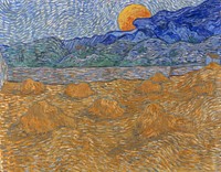 Landscape with wheat sheaves and rising moon; nl: Landschap met korenschelven en opkomende maan (1889) by Vincent van Gogh