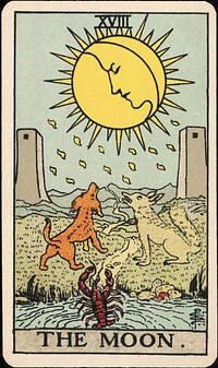 The Moon card from the Waite-Smith tarot deck created by A. E. Waite and illustrated by Pamela Colman Smith (also called the Rider-Waite tarot deck). From the Cary Collection of Playing Cards at the Beinecke Rare Book and Manuscript Library.