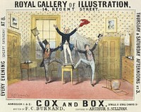 Royal Gallery of Illustration poster for Arthur Sullivan and F.C. Burnand's Cox and Box, for the first professional production on 29 March 1869. Size: 33.2cm high by 41.5cm wide by Alfred Concanen.