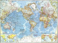 Map of the World in 1960Drawn with Van der Grinten projection. Scale on equator 1 inch = 1000 miles (1: 63,360,000)Extra maps in the corners: Membership in the United Nations and time zones