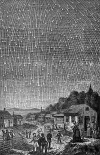 The most famous depiction of the 1833 Leonids, actually produced in 1888 for the Adventist book Bible Readings for the Home Circle. The engraving is by Adolf Vollmy based upon an original painting by the Swiss artist Karl Jauslin, that is in turn based on a first-person account of the 1833 storm by a minister, Joseph Harvey Waggoner on his way from Florida to New Orleans.