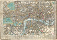 This is a very attractive example of G. F. Cruchley's highly desirable 1848 Map of London, England. Covers London from Hyde Park in the west to the London Docks in the east. Extends north to include all of Regents Park and south as far as the South Western Terimini and Vauxhill Gardens. Offers full and color and detail to the street level with individual buildings noted. Map surrounded on left, right and bottom by a street by street index of the city. Title area to center. Backed on linen and bounded into its original linen folder. Cruchley issued various editions of this map from 1827. This issue, 1848, is not in the Hogwego catalogue and is one of the rarest.