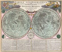 A stunning full color example of J. B. Homann and Johann Gabriel Doppelmayr’s important c. 1742 map of the Moon. Essentially a comparative chart, Doppelmayer constructed this map to illustrate the lunar mapping of Johannes Hevelius (left) and Giovanni Battista Riccioli (right). The left hand lunar map, composed by Hevelius, is a considered a foundational map in the science of Selenography – or lunar cartography. This map first appeared in Hevelius’ 1647 work Selenographia which laid the groundwork for most subsequent lunar cartographic studies. Here the moon is presented as it can never be seen from Earth, at a greater than 360 degrees and with all visible features given equal weight. In this map Hevelius also establishes the convention of mapping the lunar surface as if illuminated from a single source – in this case morning light. The naming conventions he set forth, which associate lunar features with terrestrial locations such as “Asia Minor”, “Persia”, “Sicilia”, and etcetera were popular until the middle of the 18th century when Riccioli’s nomenclature took precedence. The Riccioli map, on the right, is more properly known as the Riccioli-Grimaldi map, for the fellow Jesuit Francesco Grimaldi with whom Riccioli composed the chart. This map first appeared in Riccioli and Grimaldi’s 1651 Almagestum Novum . This was a significant lunar chart and offered an entirely new nomenclature which, for the most part, is still in use today. Curiously, though Riccioli, as a devout Jesuit, composed several treatises denouncing Copernican theory, he chose to name one of the Moon’s most notable features after the astronomer – perhaps suggesting that he was a secret Copernicus sympathizer? Other well-known lunar features named by Riccioli include the Sea of Tranquility where Apollo 11 landed and where Neil Armstrong became the first human to set foot on the moon’s surface. The upper left and right hand quadrants feature decorative allegorical cartouche work that include images of angelic children looking through a telescope and a representation of the ancient Greek Moon goddess Selene. Additional mini-maps show the moon in various phases of its monthly cycle. Below the map proper extensive Latin text discusses Selenography. This map first appeared in J. B. Homann’s 1707 Neuer Atlas and was later reissued as plate no. 11 in Doppelmayr’s important 1742 Atlas Coelestis , which was also published by the Nuremburg firm of Johann Baptist Homann. There is no discernable difference between the two issues and it is all but impossible to know in which of the two publications this map was drawn from.